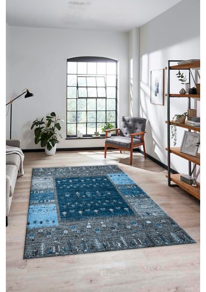 Dijital Kaymaz Yıkanabilir Yeni Tasarım Etnik Desenli Yolluk Mutfak Salon Halısı, Etnik-16-Mavi