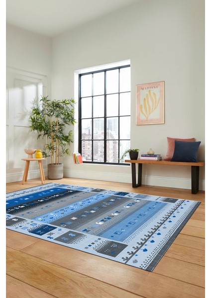 Dijital Kaymaz Yıkanabilir Şık Motifli Etnik Desenli Yolluk Mutfak Salon Halısı, Etnik-15-Mavi indirimleri