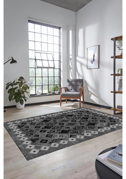 Sade Tasarım Etnik Desen Kaymaz Yıkanabilir Yolluk Mutfak Salon Koridor Halısı, Etnik-19-Gri