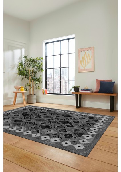 Sade Tasarım Etnik Desen Kaymaz Yıkanabilir Yolluk Mutfak Salon Koridor Halısı, Etnik-19-Gri modelleri