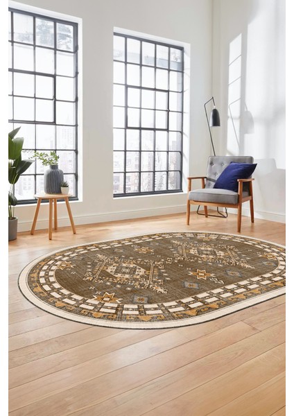 Dijital Kaymaz Yıkanabilir Etnik Desen Oval Yolluk Mutfak Salon Halısı, O-Etnik-03-Kahve, fiyatları