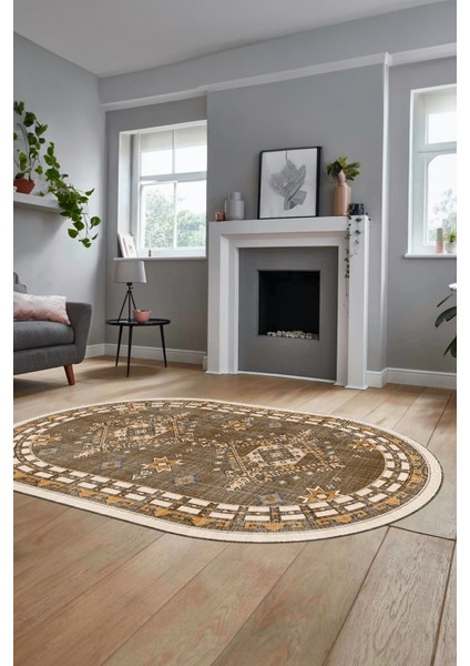 Dijital Kaymaz Yıkanabilir Etnik Desen Oval Yolluk Mutfak Salon Halısı, O-Etnik-03-Kahve, fırsatları