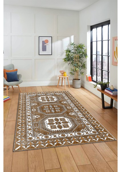 Dijital Kaymaz Yıkanabilir Şık Tasarım Etnik Desenli Yolluk Mutfak Salon Halısı, Etnik-14-Kahve fırsatları