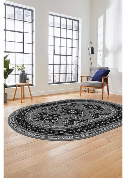 Dijital Kaymaz Yıkanabilir Şık Etnik Desen Oval Yolluk Mutfak Salon Halısı, O-Etnik-04-Gri,