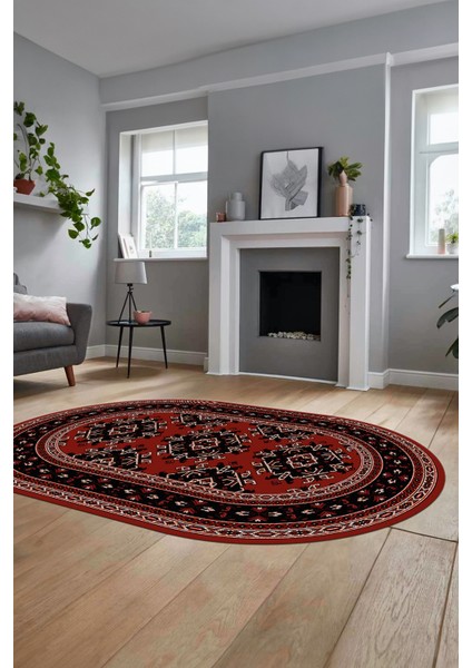 Dijital Kaymaz Yıkanabilir Şık Etnik Desen Oval Yolluk Mutfak Salon Halısı, O-Etnik-04-Kırmızı,