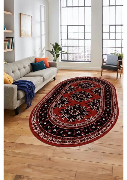 Dijital Kaymaz Yıkanabilir Şık Etnik Desen Oval Yolluk Mutfak Salon Halısı, O-Etnik-04-Kırmızı,