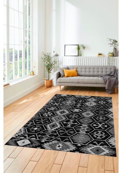 Dijital Baskılı Kaymaz Yıkanabilir Etnik Desenli Yolluk Mutfak Salon Halısı, Etnik-12-Antrasit