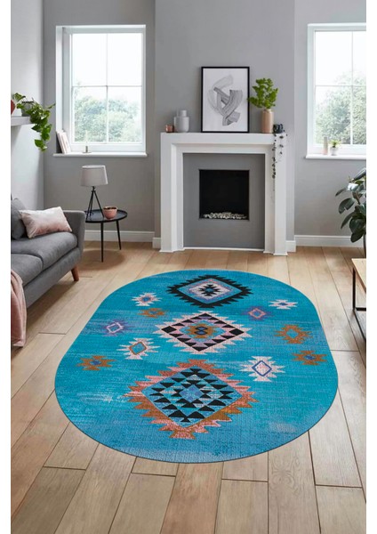 Dijital Baskılı Kaymaz Yıkanabilir Etnik Desenli Oval Mutfak Salon Halısı, O-Etnik-01-Mavi,