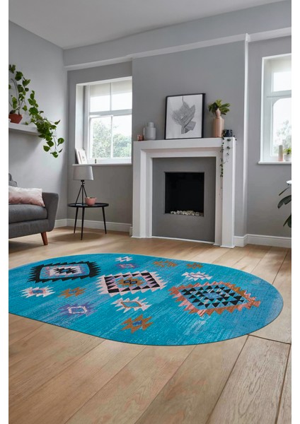 Dijital Baskılı Kaymaz Yıkanabilir Etnik Desenli Oval Mutfak Salon Halısı, O-Etnik-01-Mavi,