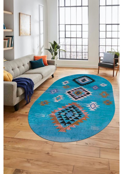 Dijital Baskılı Kaymaz Yıkanabilir Etnik Desenli Oval Mutfak Salon Halısı, O-Etnik-01-Mavi,