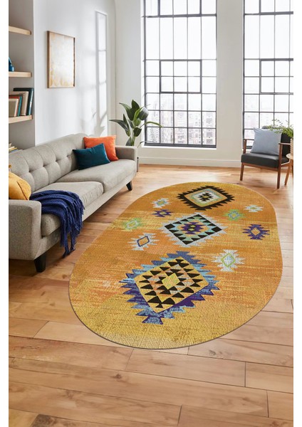 Dijital Baskılı Kaymaz Yıkanabilir Etnik Desenli Oval Mutfak Salon Halısı, O-Etnik-01-Turuncu, indirimleri