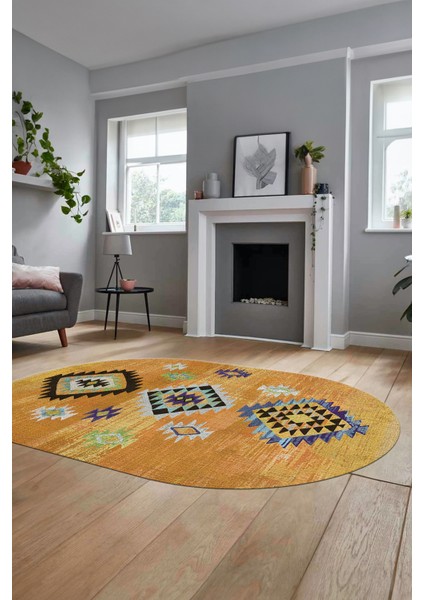 Dijital Baskılı Kaymaz Yıkanabilir Etnik Desenli Oval Mutfak Salon Halısı, O-Etnik-01-Turuncu, fırsatları