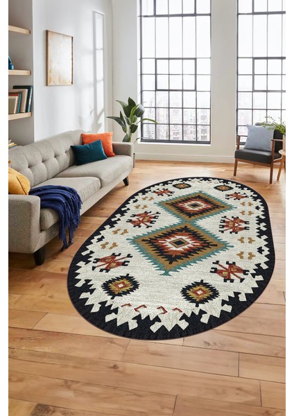 Dijital Kaymaz Yıkanabilir Etnik Desenli Oval Yolluk Mutfak Salon Halısı, O-Etnik-02-Renkli, indirimleri