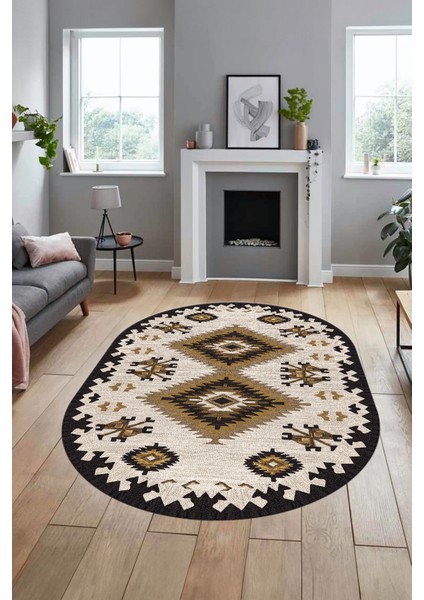 Dijital Kaymaz Yıkanabilir Etnik Desenli Oval Yolluk Mutfak Salon Halısı, O-Etnik-02-Kahve, modelleri