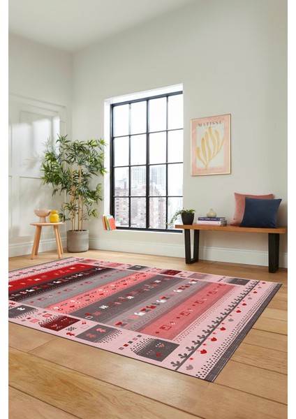 Dijital Kaymaz Yıkanabilir Şık Motifli Etnik Desenli Yolluk Mutfak Salon Halısı, Etnik-15-Pembe indirimleri