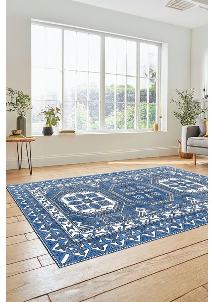 Dijital Kaymaz Yıkanabilir Şık Tasarım Etnik Desenli Yolluk Mutfak Salon Halısı, Etnik-14-Mavi