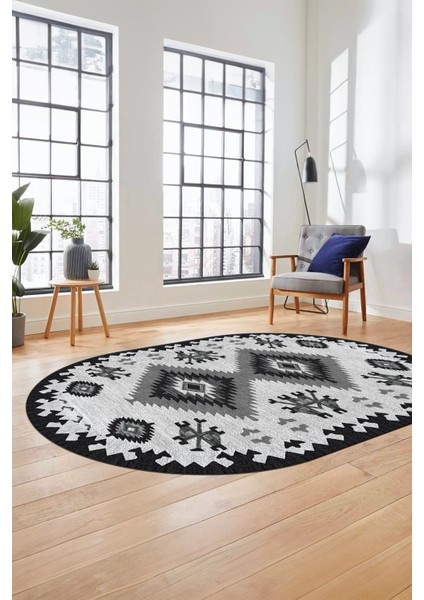 Dijital Kaymaz Yıkanabilir Etnik Desenli Oval Yolluk Mutfak Salon Halısı, O-Etnik-02-Gri, fiyatları