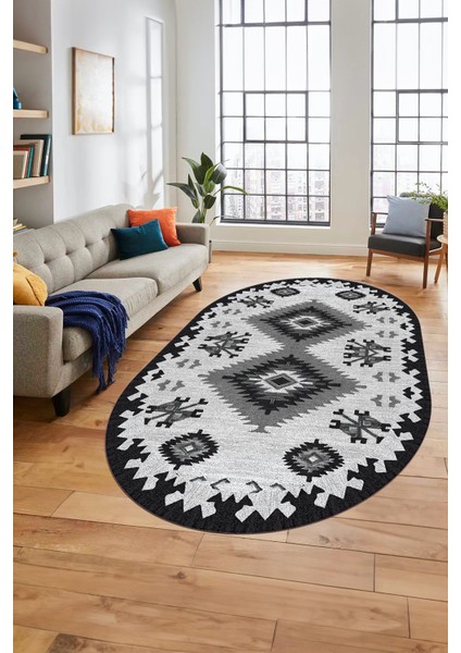 Dijital Kaymaz Yıkanabilir Etnik Desenli Oval Yolluk Mutfak Salon Halısı, O-Etnik-02-Gri, indirimleri