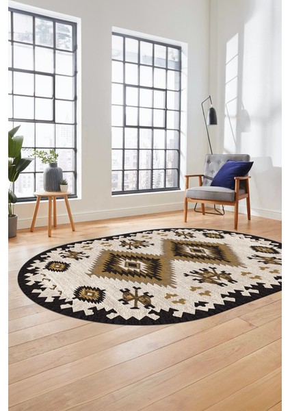 Dijital Kaymaz Yıkanabilir Etnik Desenli Oval Yolluk Mutfak Salon Halısı, O-Etnik-02-Kahve, fiyatları