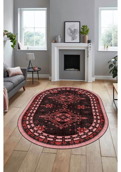 Dijital Kaymaz Yıkanabilir Etnik Desen Oval Yolluk Mutfak Salon Halısı, O-Etnik-03-Pembe, modelleri