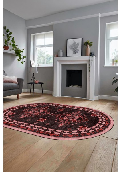 Dijital Kaymaz Yıkanabilir Etnik Desen Oval Yolluk Mutfak Salon Halısı, O-Etnik-03-Pembe, fırsatları