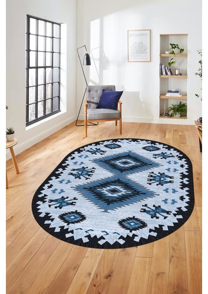 Dijital Kaymaz Yıkanabilir Etnik Desenli Oval Yolluk Mutfak Salon Halısı, O-Etnik-02-Mavi,