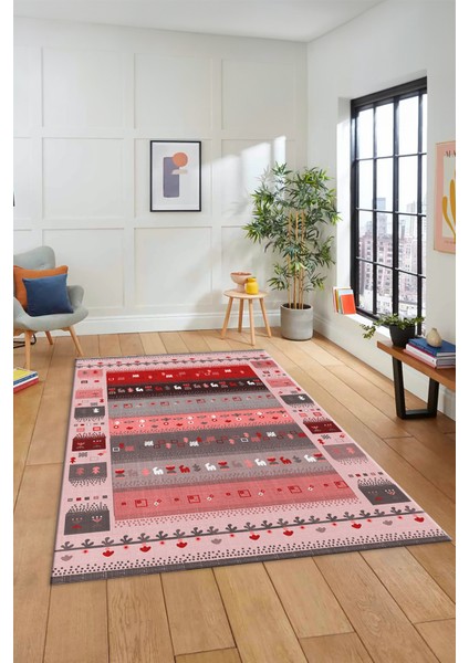 Dijital Kaymaz Yıkanabilir Şık Motifli Etnik Desenli Yolluk Mutfak Salon Halısı, Etnik-15-Pembe fırsatları