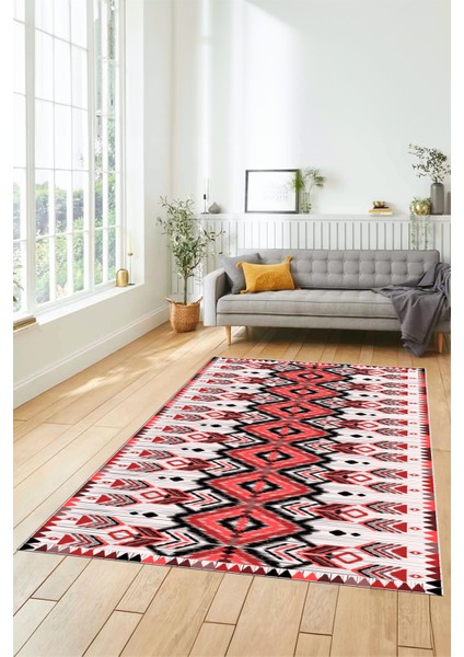Renkli Etnik Desenli Dijital Kaymaz Yıkanabilir Yolluk Mutfak Salon Halısı, Etnik-06-Kırmızı fırsatları
