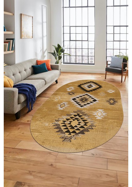 Dijital Baskılı Kaymaz Yıkanabilir Etnik Desenli Oval Mutfak Salon Halısı, O-Etnik-01-Kahve, indirimleri