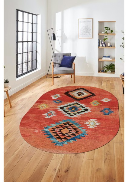 Dijital Baskılı Kaymaz Yıkanabilir Etnik Desenli Oval Mutfak Salon Halısı, O-Etnik-01-Kırmızı,