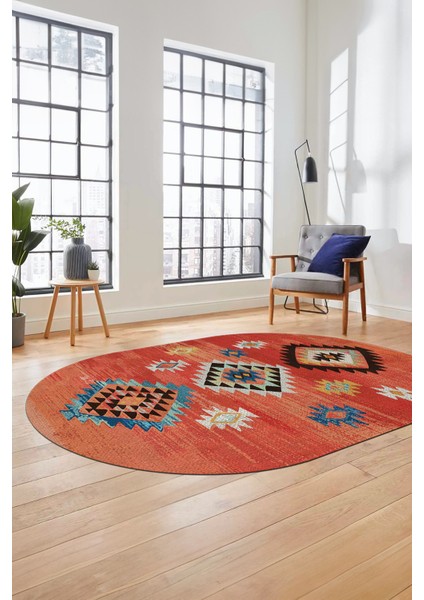 Dijital Baskılı Kaymaz Yıkanabilir Etnik Desenli Oval Mutfak Salon Halısı, O-Etnik-01-Kırmızı, fiyatları