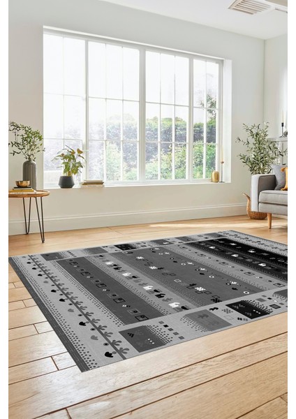 Dijital Kaymaz Yıkanabilir Şık Motifli Etnik Desenli Yolluk Mutfak Salon Halısı, Etnik-15-Antrasit