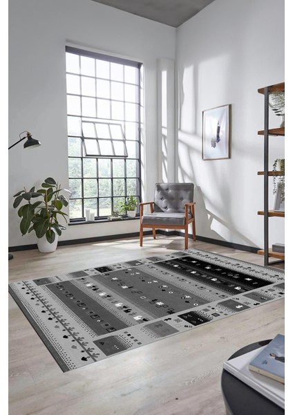 Dijital Kaymaz Yıkanabilir Şık Motifli Etnik Desenli Yolluk Mutfak Salon Halısı, Etnik-15-Antrasit modelleri