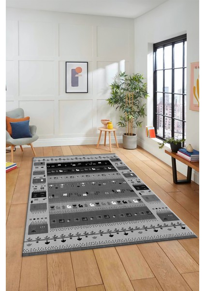 Dijital Kaymaz Yıkanabilir Şık Motifli Etnik Desenli Yolluk Mutfak Salon Halısı, Etnik-15-Antrasit fırsatları