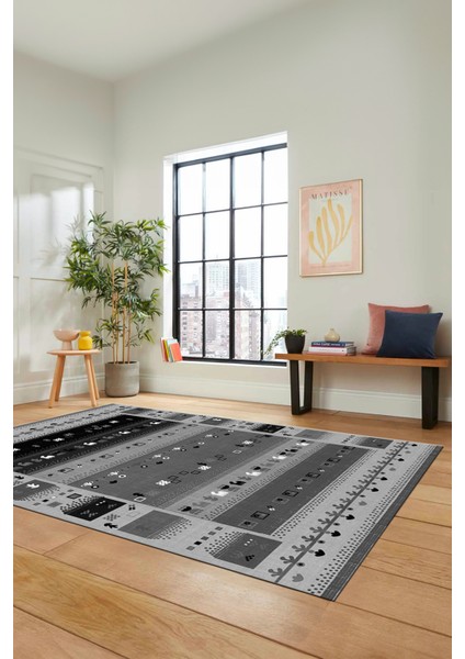 Dijital Kaymaz Yıkanabilir Şık Motifli Etnik Desenli Yolluk Mutfak Salon Halısı, Etnik-15-Antrasit indirimleri