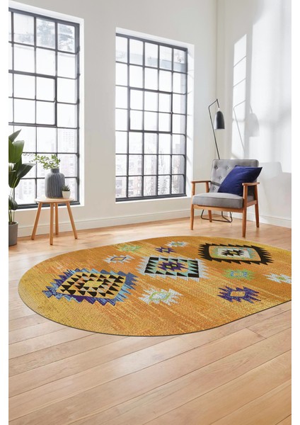 Dijital Baskılı Kaymaz Yıkanabilir Etnik Desenli Oval Mutfak Salon Halısı, O-Etnik-01-Turuncu, fiyatları