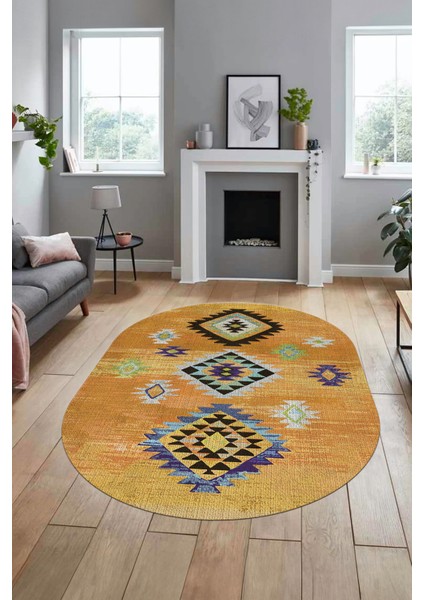 Dijital Baskılı Kaymaz Yıkanabilir Etnik Desenli Oval Mutfak Salon Halısı, O-Etnik-01-Turuncu, modelleri