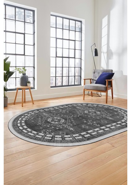 Dijital Kaymaz Yıkanabilir Etnik Desen Oval Yolluk Mutfak Salon Halısı, O-Etnik-03-Antrasit, fiyatları