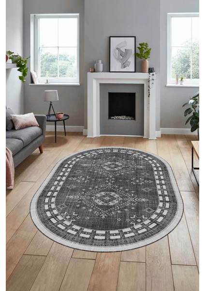 Dijital Kaymaz Yıkanabilir Etnik Desen Oval Yolluk Mutfak Salon Halısı, O-Etnik-03-Antrasit, modelleri