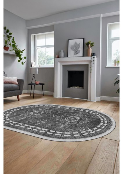 Dijital Kaymaz Yıkanabilir Etnik Desen Oval Yolluk Mutfak Salon Halısı, O-Etnik-03-Antrasit, fırsatları