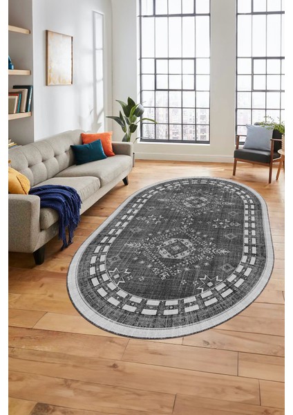Dijital Kaymaz Yıkanabilir Etnik Desen Oval Yolluk Mutfak Salon Halısı, O-Etnik-03-Antrasit, indirimleri