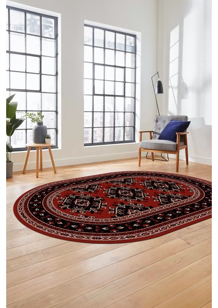 Dijital Kaymaz Yıkanabilir Şık Etnik Desen Oval Yolluk Mutfak Salon Halısı, O-Etnik-04-Kırmızı,