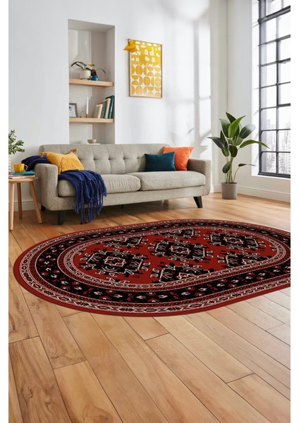 Dijital Kaymaz Yıkanabilir Şık Etnik Desen Oval Yolluk Mutfak Salon Halısı, O-Etnik-04-Kırmızı, indirimleri