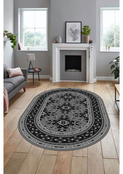 Dijital Kaymaz Yıkanabilir Şık Etnik Desen Oval Yolluk Mutfak Salon Halısı, O-Etnik-04-Gri,