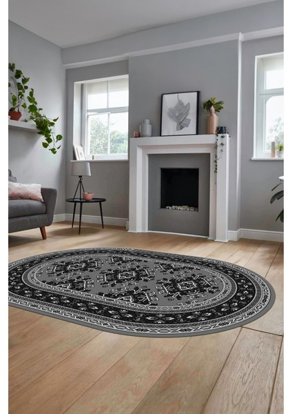 Dijital Kaymaz Yıkanabilir Şık Etnik Desen Oval Yolluk Mutfak Salon Halısı, O-Etnik-04-Gri,