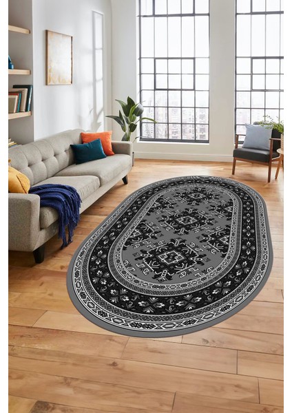 Dijital Kaymaz Yıkanabilir Şık Etnik Desen Oval Yolluk Mutfak Salon Halısı, O-Etnik-04-Gri,