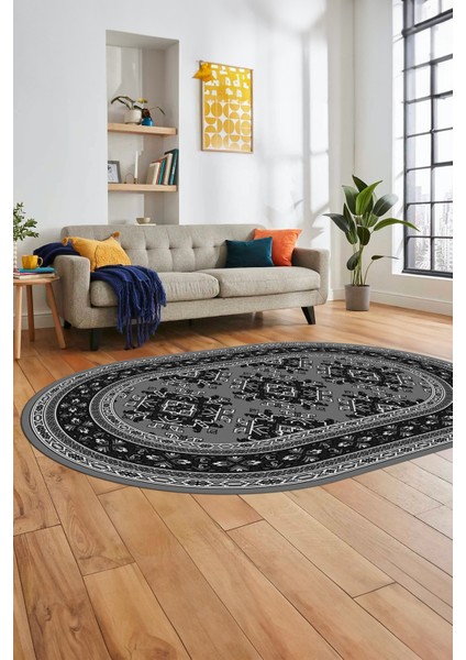 Dijital Kaymaz Yıkanabilir Şık Etnik Desen Oval Yolluk Mutfak Salon Halısı, O-Etnik-04-Gri,