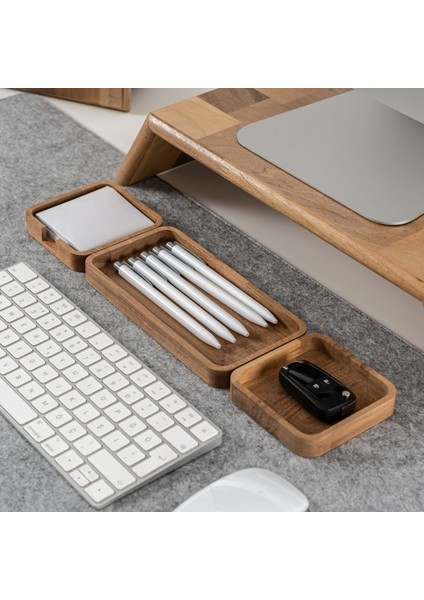 Masaüstü Ahşap Düzenleyici 3'lü Set, Kalemlik Organizer, Notluk, Ofis Düzenleyici - Ceviz