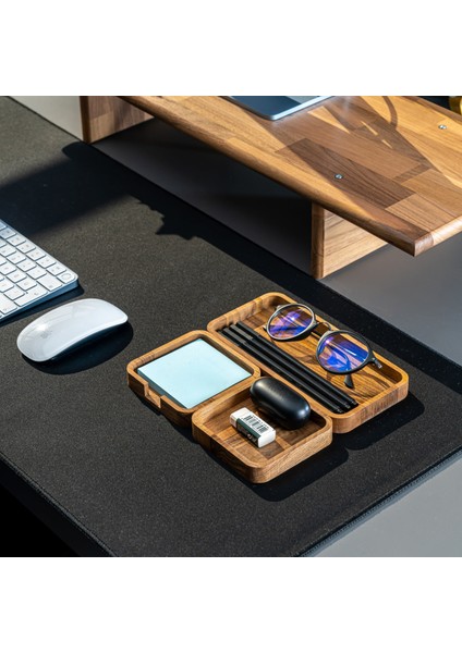Masaüstü Ahşap Düzenleyici 3'lü Set, Kalemlik Organizer, Notluk, Ofis Düzenleyici - Ceviz