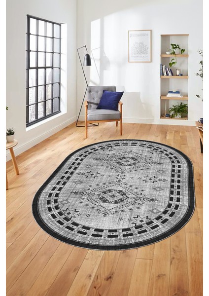 Dijital Kaymaz Yıkanabilir Etnik Desen Oval Yolluk Mutfak Salon Halısı, O-Etnik-03-Gri,